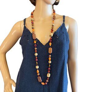 Fossil Long Beaded Necklace Bohemian Wood and Glass Beads 42 inches